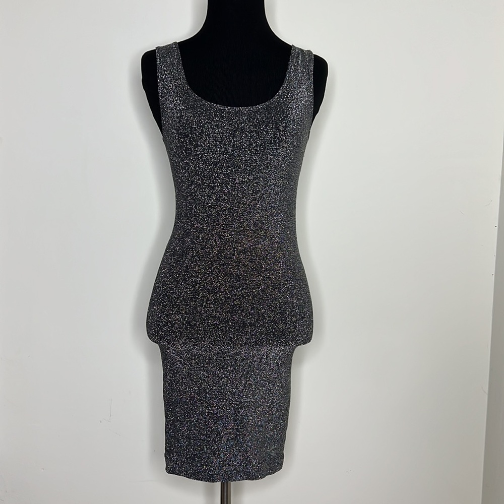 POOF! Silver Metallic Black Bodycon Stretchy Mini Dress S/M